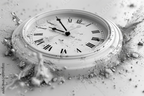 Time running out, a white wall clock is disintegrating into particles on a white background