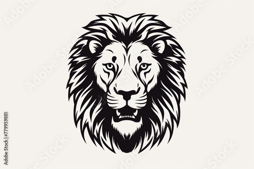 Black and white vector-style face of a lion isolated on a solid background.