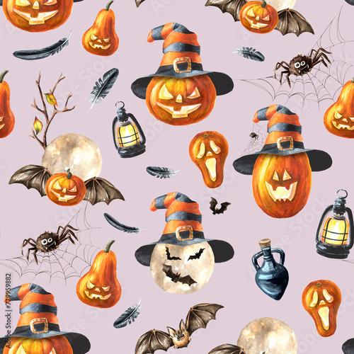 Halloween Pumpkin lantern seamless pattern. Hand drawn watercolor illustration isolated on white background