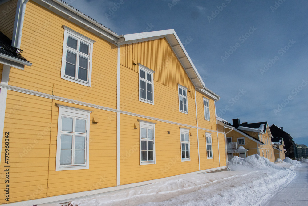 KIRUNA, LAPLAND SWEDEN - APRIL 3, 2024: Kiruna new city center. New residential area close to Kurravaaravagen. KIRUNA, LAPLAND SWEDEN - APRIL 3, 2024: Kiruna new city center. New residential area close to Kurravaaravagen.