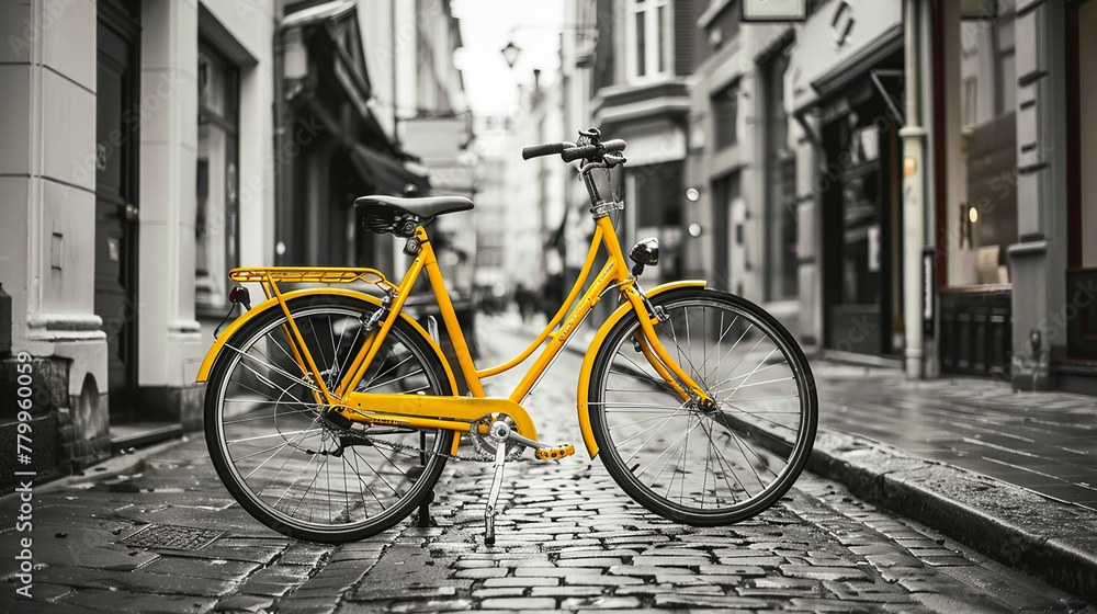 bicicleta retrô amarela  canva na cidade preto e branco