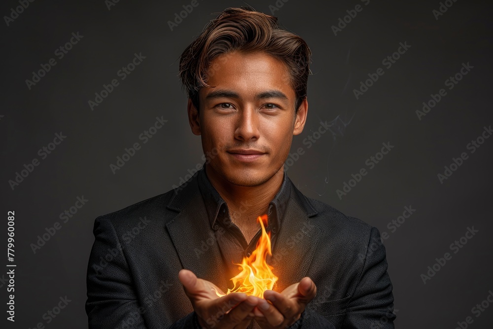 Young businessman holding cloud with burning inside Young businessman holding cloud with burning inside