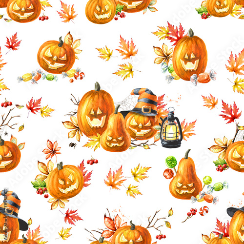 Happy Halloween Pumpkin seamless pattern. Hand drawn watercolor illustration isolated on dark background
