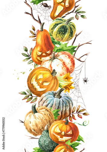 Happy Halloween Pumpkins and strips seamless border. Hand drawn watercolor illustration isolated on white background