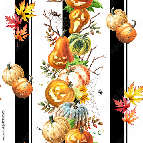 Happy Halloween Pumpkins and strips seamless pattern. Hand drawn watercolor illustration isolated on white background