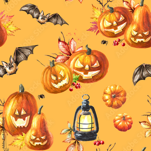 Happy Halloween Pumpkins seamless pattern. Hand drawn watercolor illustration