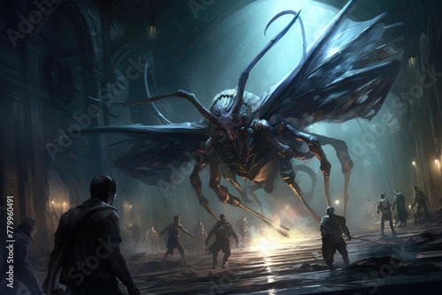 A huge dark mutated chimera moth attacks dungeon explorers