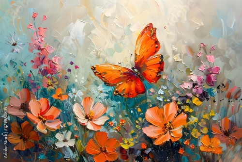 spring flowers painted with oil paints on canvas in peach tones and bright orange butterfly