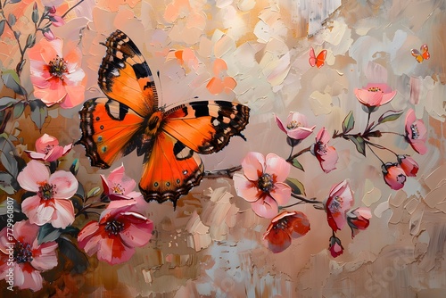 spring flowers painted with oil paints on canvas in peach tones and bright orange butterfly