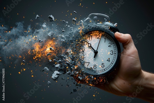Time running out, a hand holding a clock disintegrating