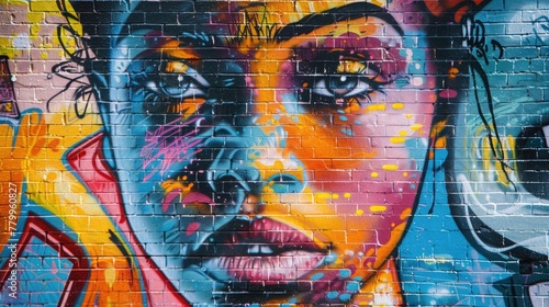 A vibrant graffiti mural adorns the brick wall behind the subject  adding an urban edge to the portrait.