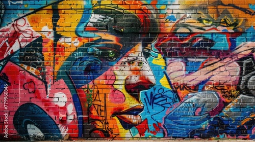 A vibrant graffiti mural adorns the brick wall behind the subject  adding an urban edge to the portrait.