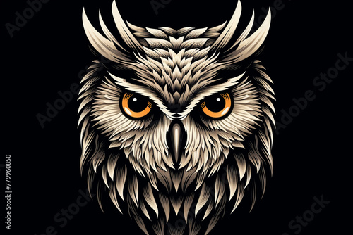 Black and white vector-style face of a owl isolated on a solid background.