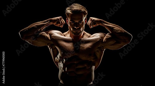 Powerful display: Muscular man showcases strength on black background, inspiring awe and admiration for fitness prowess