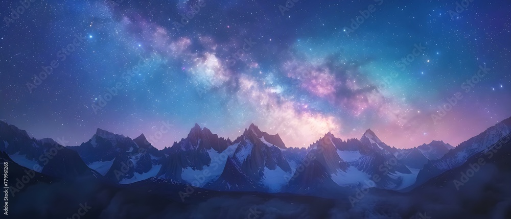Celestial Symphony Above Alpine Peaks. Concept Nature, Astronomy, Photography, Mountain Peaks, Night Sky