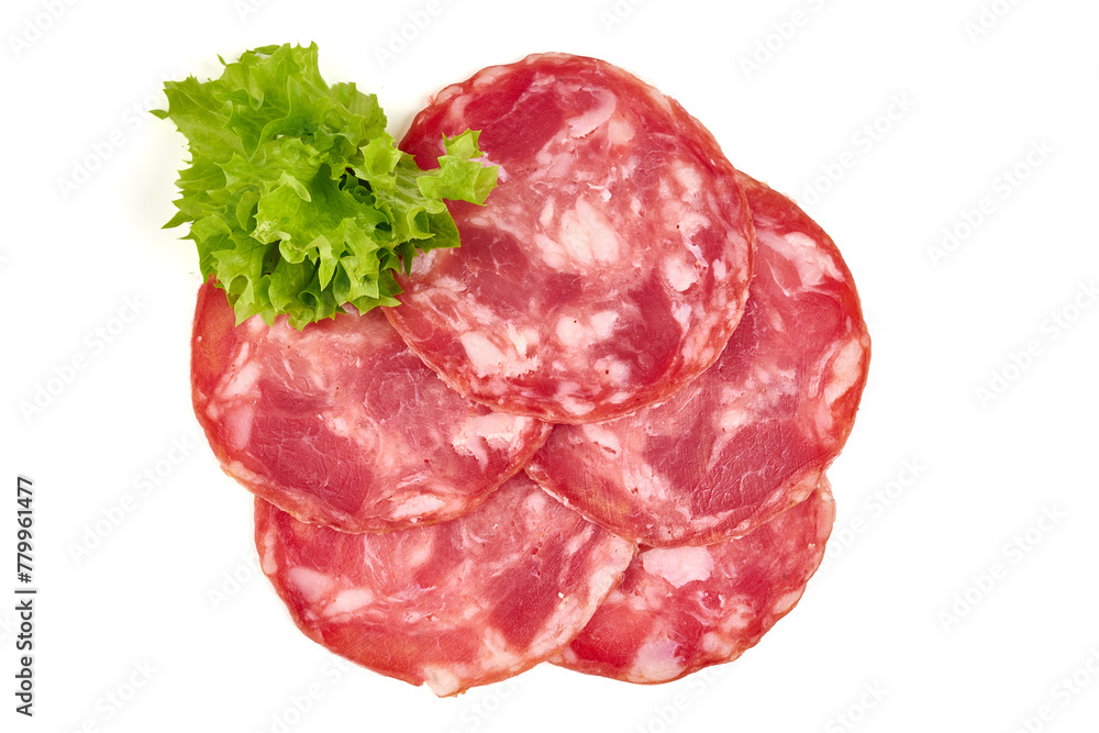 Obraz premium Cured salami sausage, Italian sausage, isolated on white background
