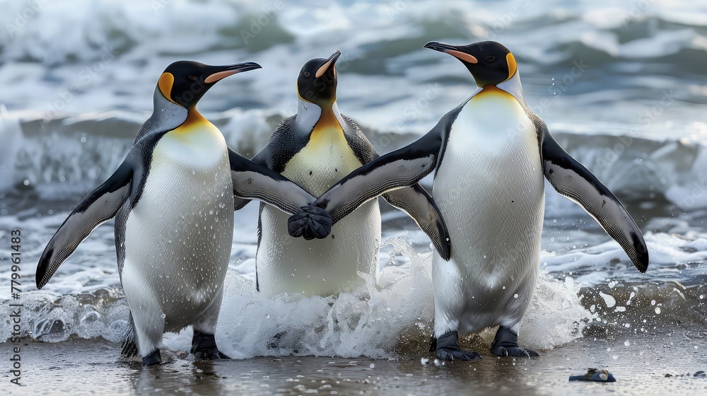 Obraz premium a group of penguins gracefully gliding through the icy waters of the sea, their sleek forms contrasting against the vast expanse of blue, conveying the beauty and harmony of nature's marine life.