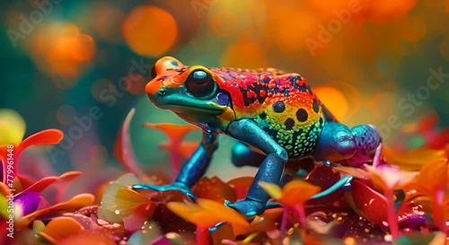 The intense colors of a poison dart frog, jungle floor blurred, photo