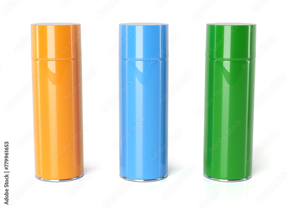 Aerosol spray cans mockup color options. 3d illustration set on white background Aerosol spray cans mockup color options. 3d illustration set on white background