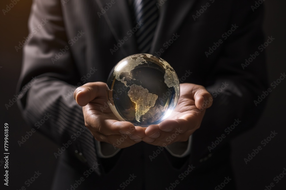 Close up of businessman holding digital globe in palms on dark background. Close up of businessman holding digital globe in palms on dark background.