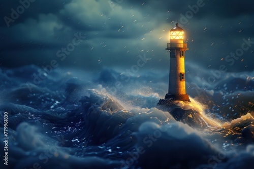 a lighthouse casting a guiding light over stormy seas, embodying steadfast leadership and direction , advertise photo