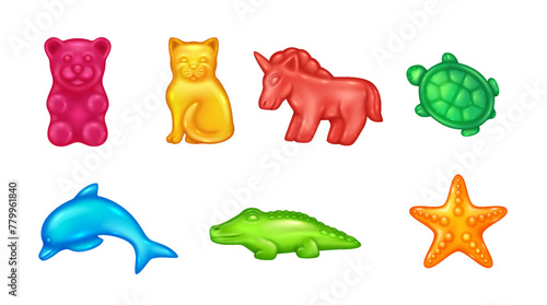 Funny animals jelly sweets 3d realistic vector illustration set. Gummy candies for kids creative design. Natural desserts on transparent background photo