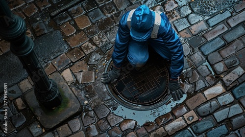 Maintenance Worker at Sewer Manhole photo