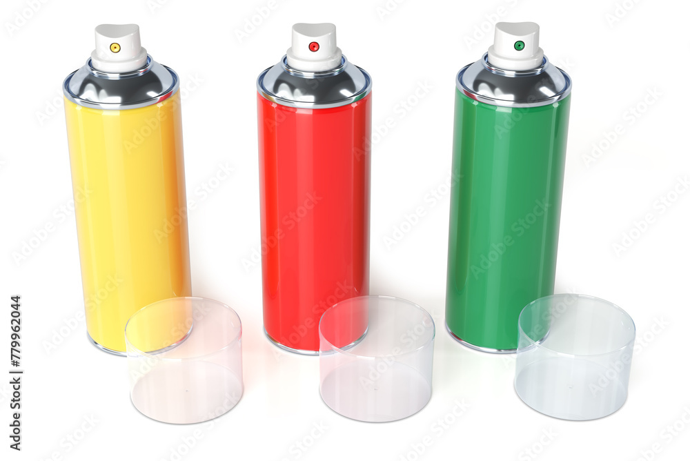 Aerosol cans mockup color options with opened cap. 3d illustration set on white background Aerosol cans mockup color options with opened cap. 3d illustration set on white background