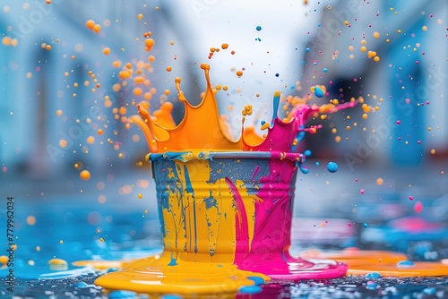 A bucket full of paint in front of a white house facade, with bold colors being poured onto the facade, featuring splashes and droplets of paint sticking to it photo
