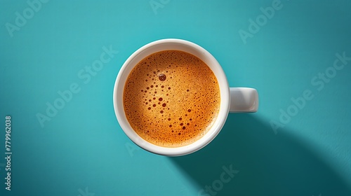 Image of white cup of coffee with milk on blue background