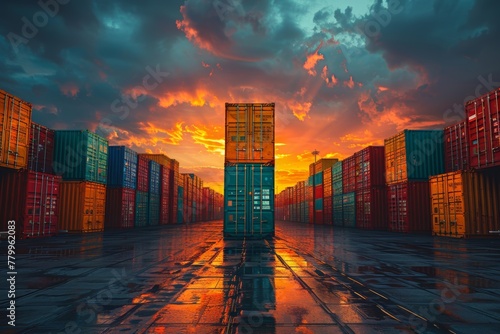 Towering multicolored cargo containers at freight yard during golden hour photo