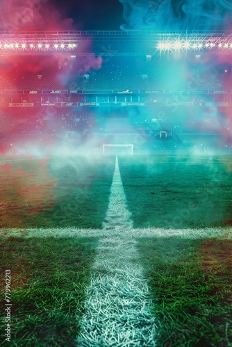 Enigmatic neon mist shrouds midfield in an atmospheric evening soccer match