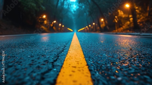 Wet road with bright yellow line running down the center on a rainy day