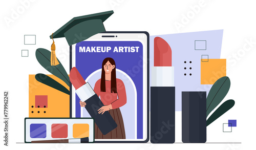 Makeup artist online. Woman with lipstick and palette. Care about skin and face. Beauty treatment and procedures. Girl with make up. Cartoon flat vector illustration isolated on white background
