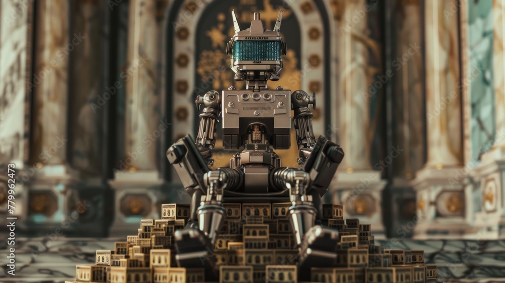 A 3D render of a robot sitting on a throne made of stacks of various currencies, symbolizing the wealth of technology , Hyper realistic