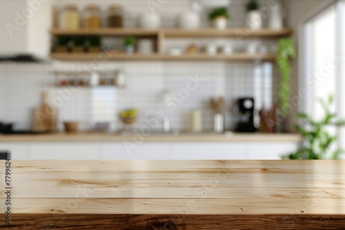 Serene morning in a stylish contemporary kitchen with wooden table overlooking the room © MiraCle72