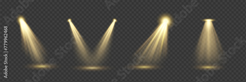 Golden backlight effects 3d realistic vector illustration set. Glowing brightly stage lamps design. Projector beams on transparent background