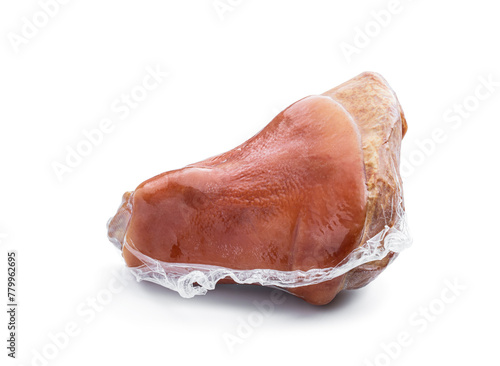 Boiled and smoked pork knuckle in vacuum pack isolated on white
