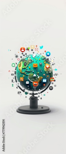 A dynamic 3D model of a flat design globe surrounded by various business icons eg, email, smartphone, showcased on a white background , advertise photo © wasan