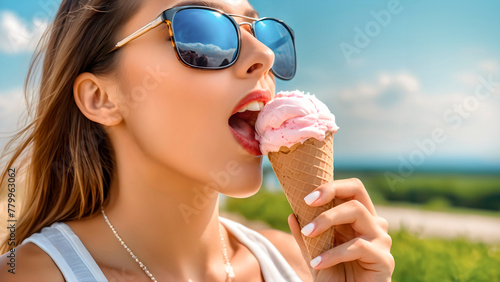 close up of a girl enjoying strawberry ice cream in cone on the beach wearing sunglasses. Cream ice cream in a cone to enjoy the hot days on summer vacations