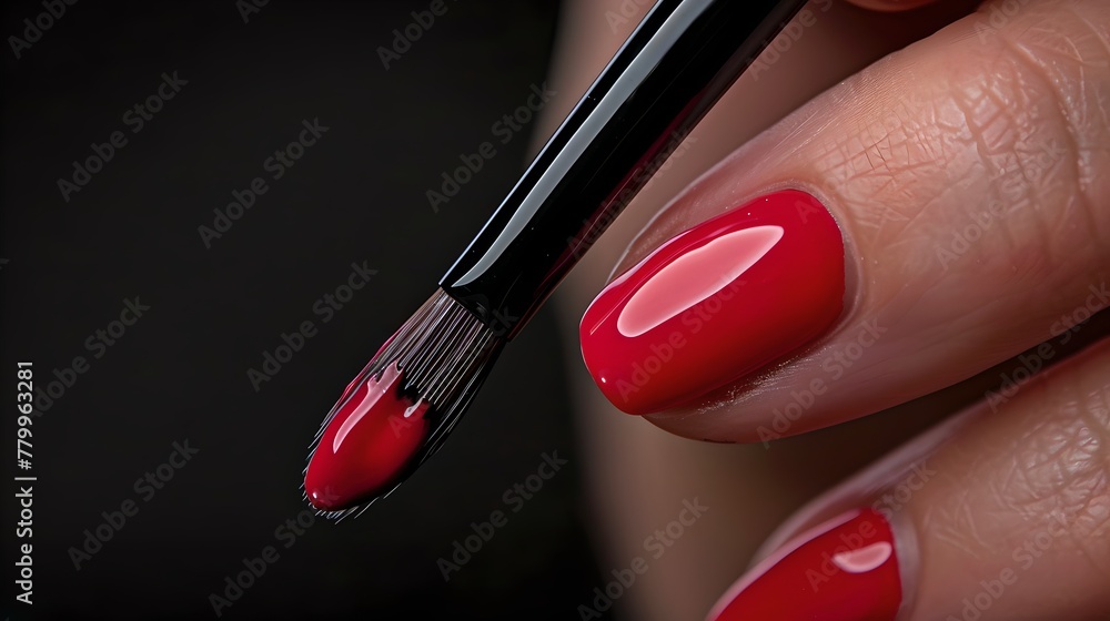 Obraz premium Close-up of a fresh manicure process, shiny red nail polish being applied with precision. Beauty routine in action. Perfect nails design. AI