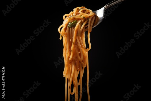 Twirly Spaghetti fork food. Tomato noodle. Generate AI