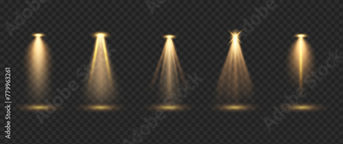 Golden backlight effects 3d realistic vector illustration set. Glowing brightly stage lamps design. Projector beams on transparent background