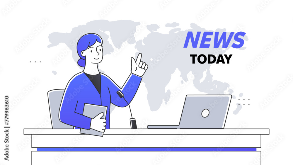 News today television show doodle. Woman with laptop near world map. Information and knowledges on internet. Journalist performing. Simple flat vector illustration isolated on white background