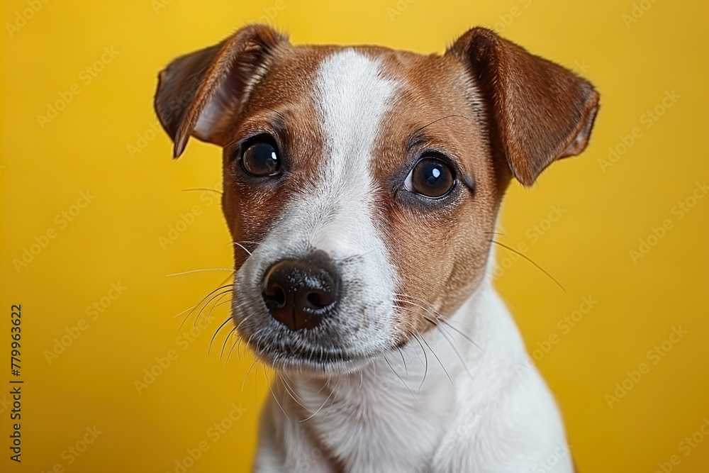 Cute young frightened brown and white dog peeking out against a bright yellow background 