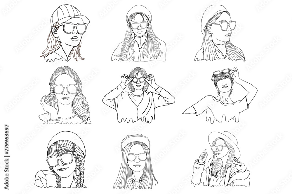 Set Of Summer Theme Woman Wearing Sunglasses Line Art Vector Set Of Summer Theme Woman Wearing Sunglasses Line Art Vector