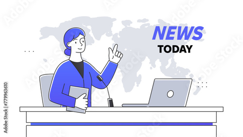 News today television show doodle. Woman with laptop near world map. Information and knowledges on internet. Journalist performing. Simple flat vector illustration isolated on white background
