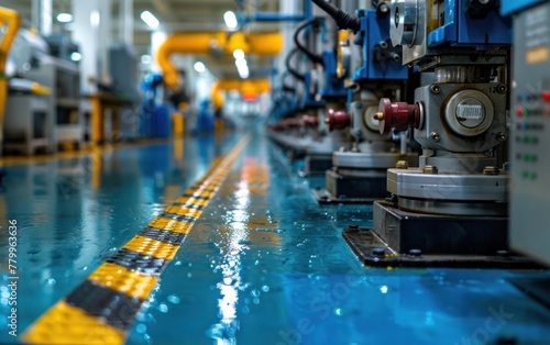 Blue and yellow factory floor with a line of machines in operation