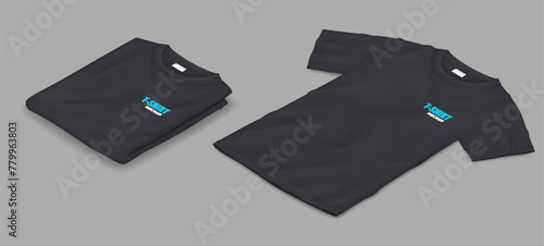 Black mockup men t-shirts vector illustrations set. Advertising supplies. Uniform clothes with design template 3d objects on grey background