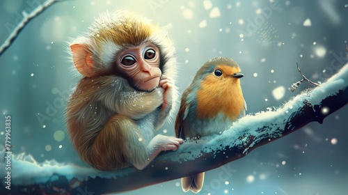 an endearing cartoon illustration of a playful monkey seated on a snowy branch, accompanied by a chirpy sparrow, evoking a whimsical winter scene filled with warmth and charm.